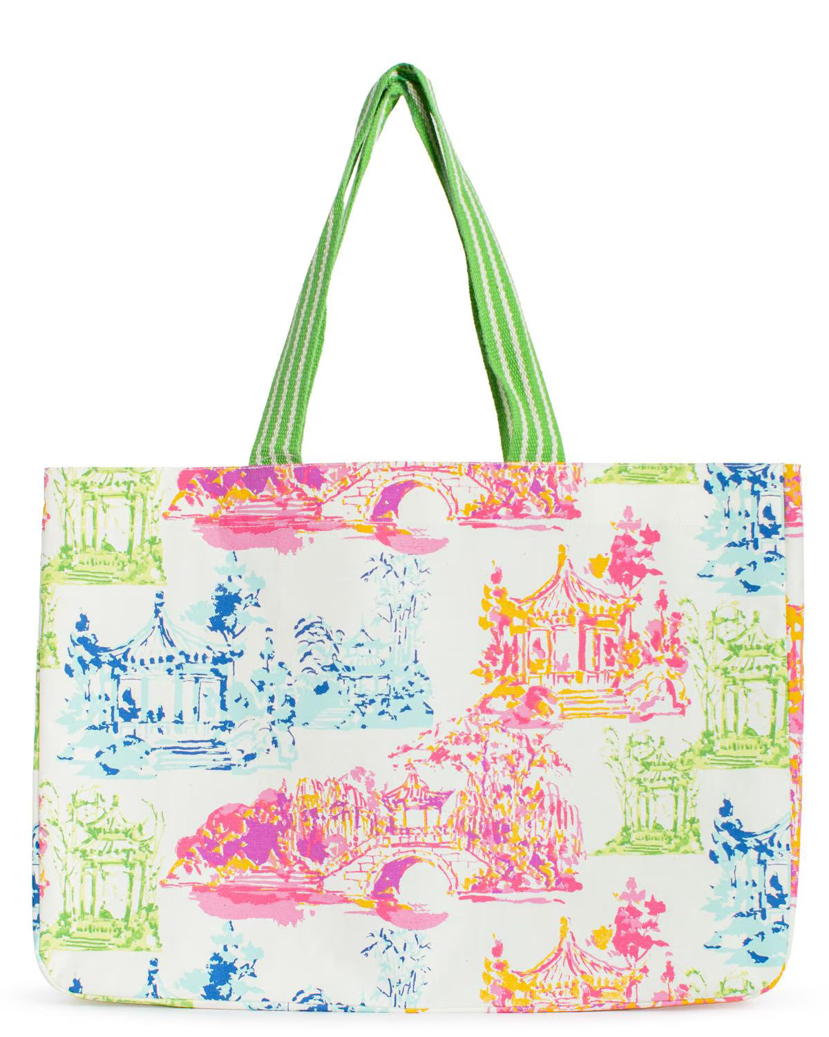 Rectangular tote bag with green striped handles and a multicolored pattern of Mahjong-inspired architectural sketches in pink, green, and blue on a white background.