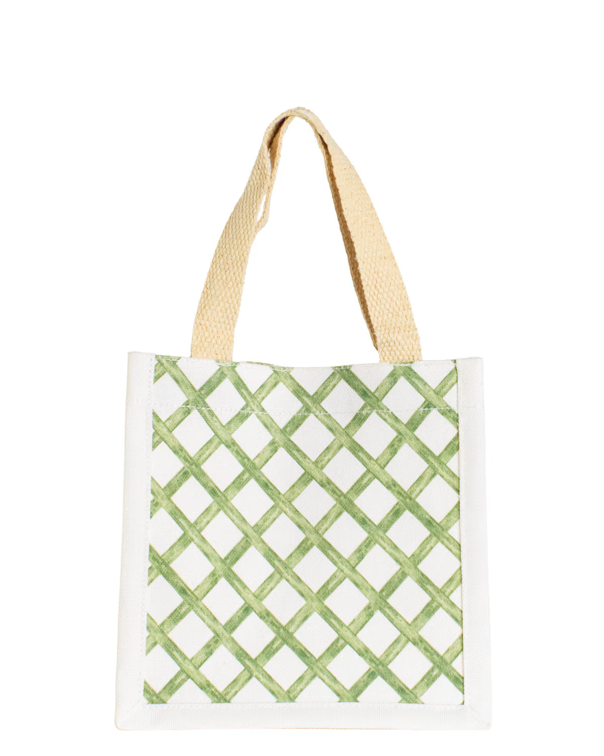 Tote bag with green lattice pattern and beige handle on a white background