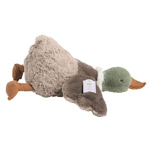 Plush duck toy with a tag on a white background