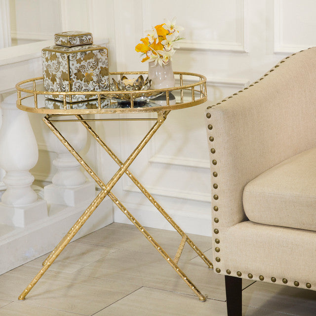 Oval Gold Metal Accent Table, Mirror Top