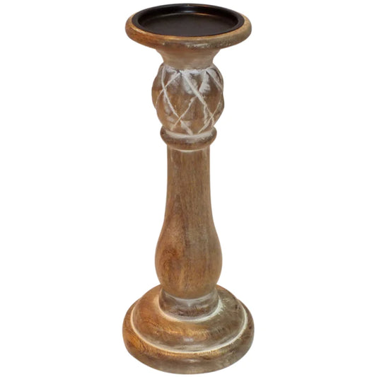 White Wash Wood Pillar Candle Holder