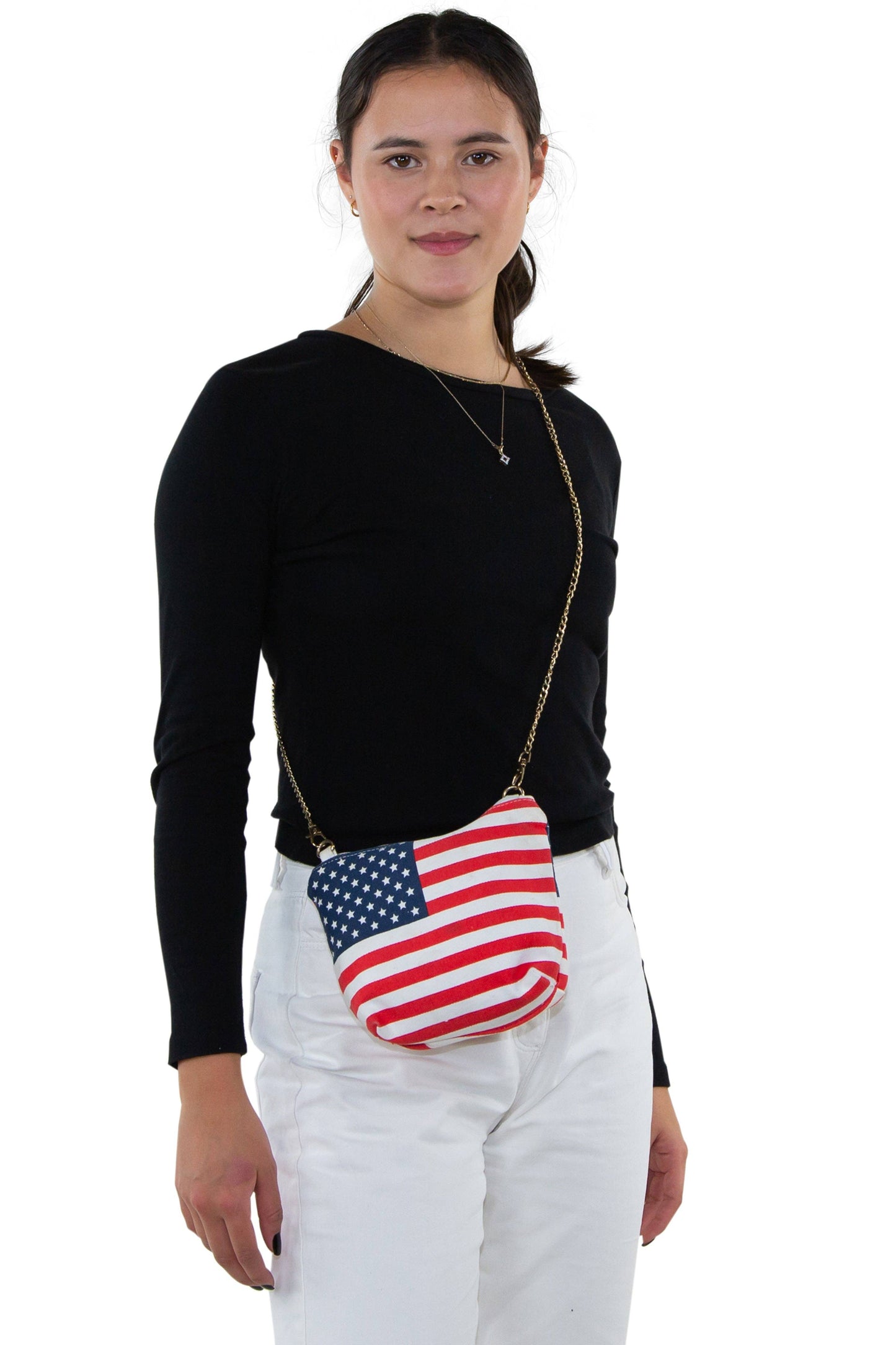 American Flag Crossbody Bag in Canvas with Chain Strap in Canvas Material