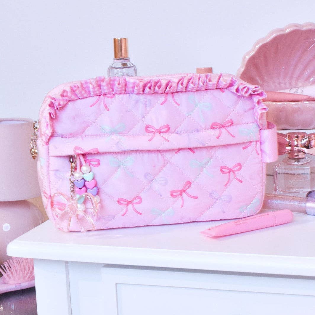Quilted Bow Printed Pouch with Charm