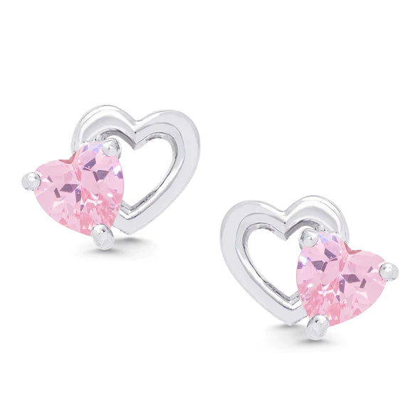 Pink CZ Double Heart Stud Earrings in Sterling Silver