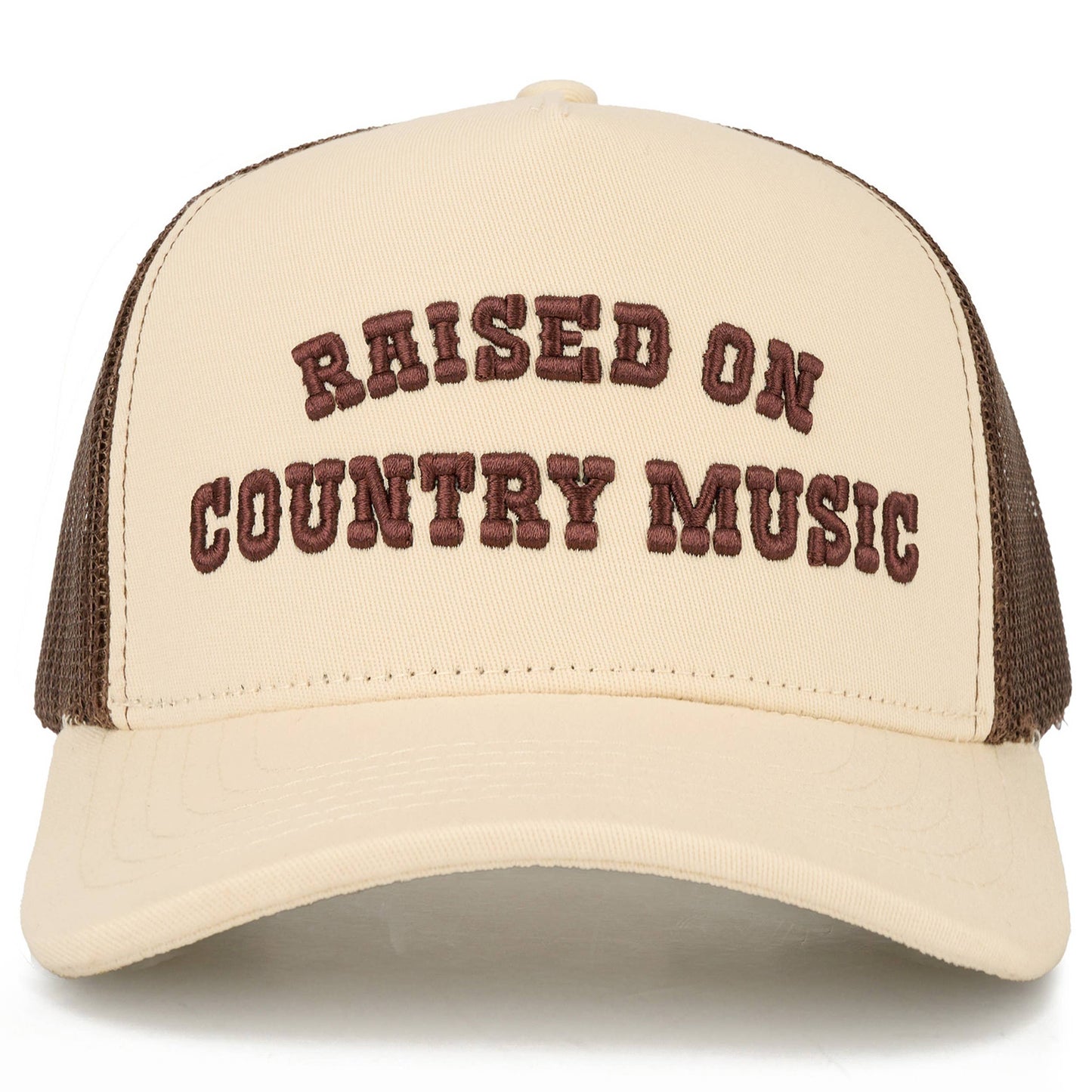RAISED ON COUNTRY MUSIC Letter on Two Tone Trucker Hat