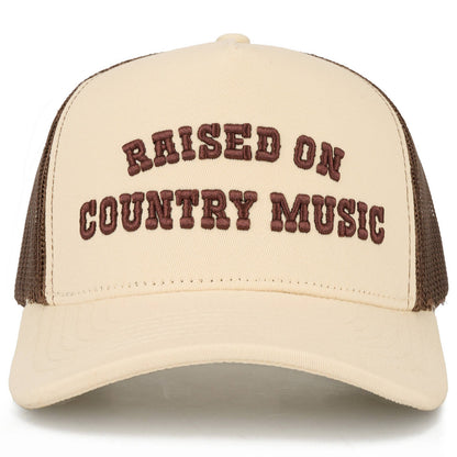 RAISED ON COUNTRY MUSIC Letter on Two Tone Trucker Hat