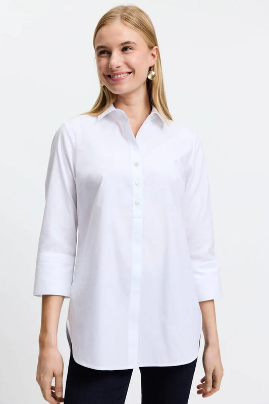 A white button-up shirt with three-quarter sleeves.