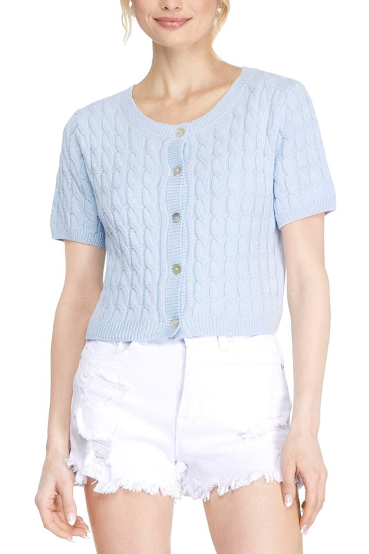 A light blue short sleeve design, button down closure, and cable knit detailing sweater