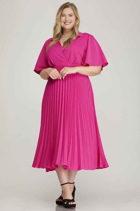 V-neck, short sleeve midi dress, with pleated skirt detail, in fuchsia. 