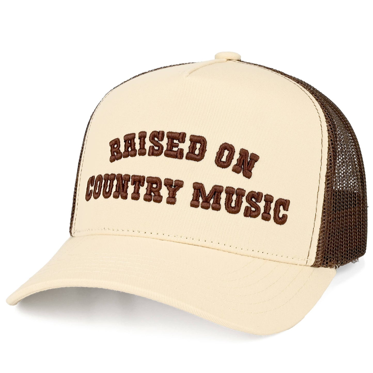 RAISED ON COUNTRY MUSIC Letter on Two Tone Trucker Hat