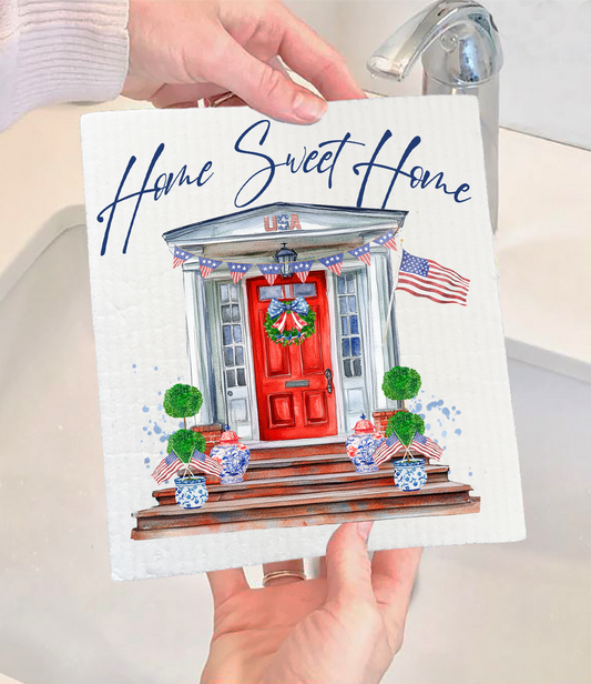 Patriotic Red Door Home Sweet Home  Swedish Dishcloth