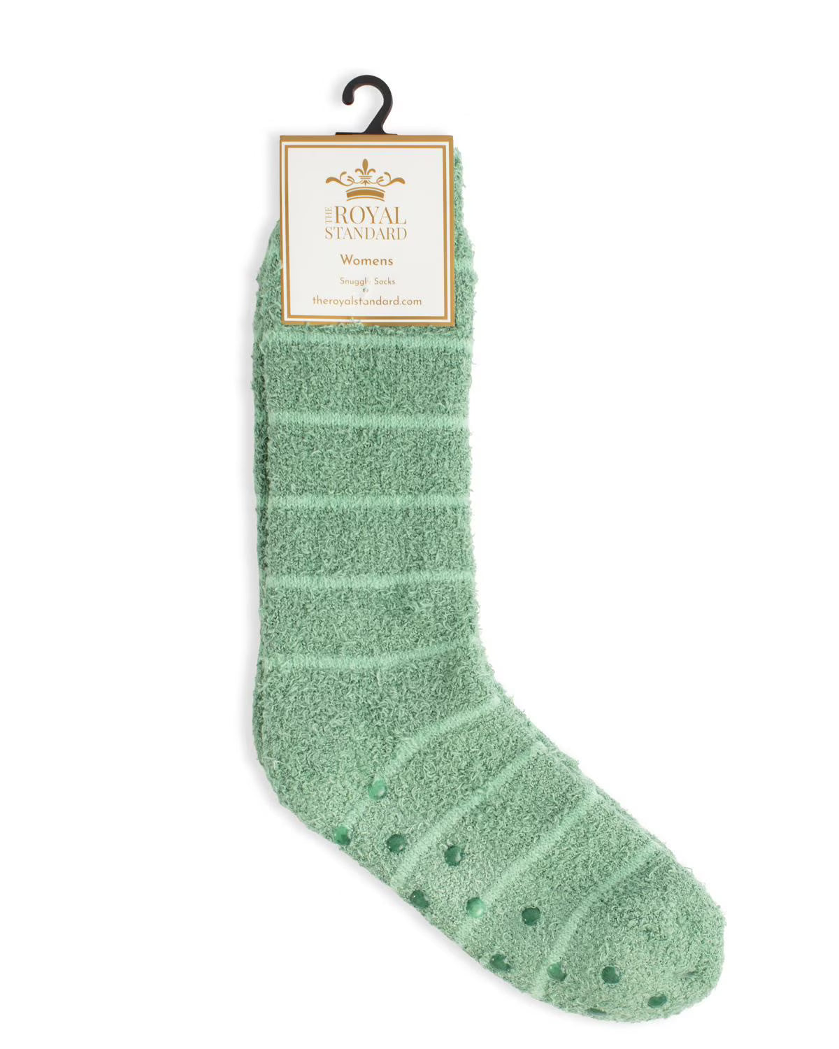 A single mint green plush slipper sock with horizontal stripes and grip dots, hanging from a black hook with a cream-colored 'Royal Standard' brand label.