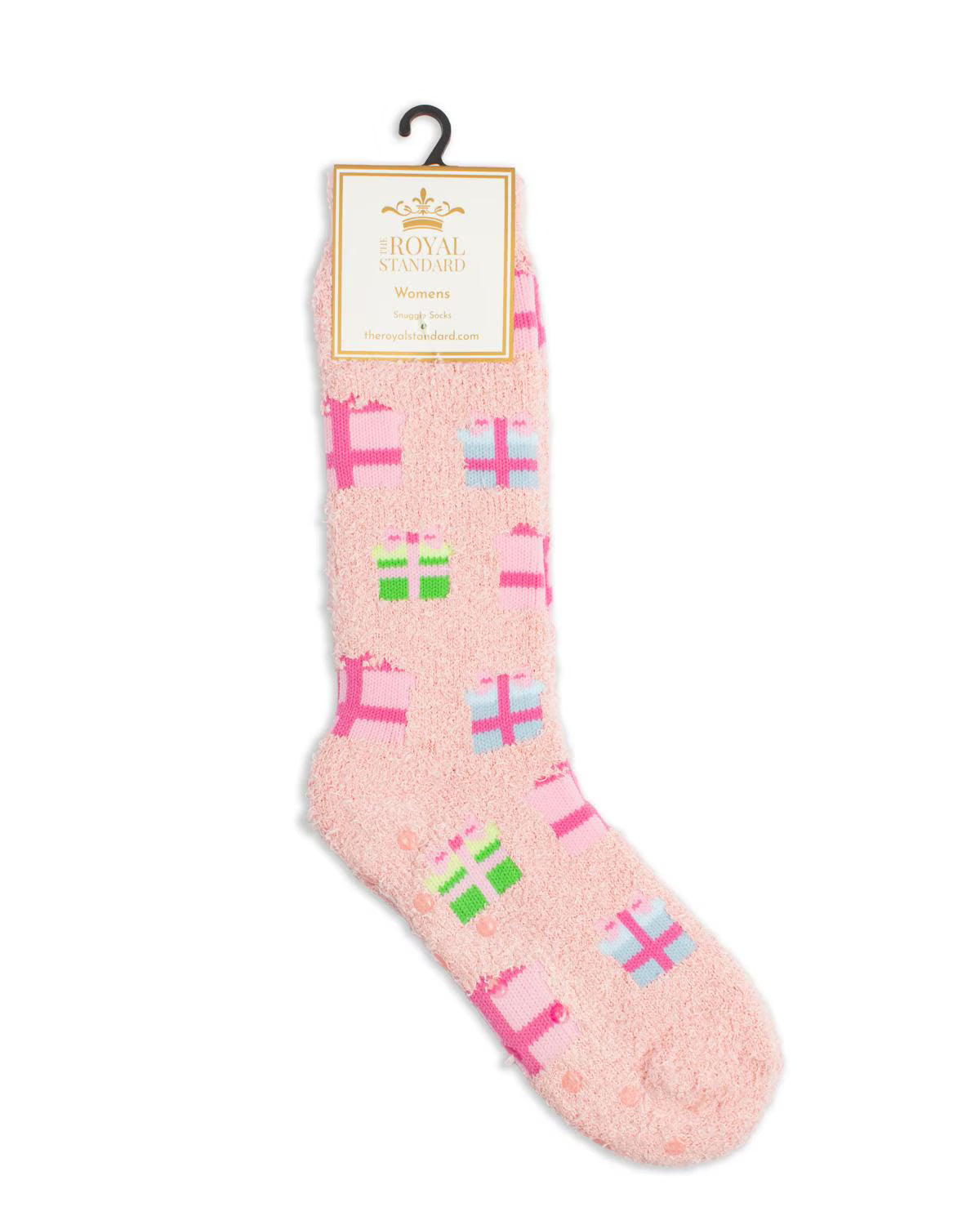 A single pink fuzzy sock with a pattern of colorful gift boxes, hanging from a black hook with a 'Royal Standard' brand tag, on a plain white background.