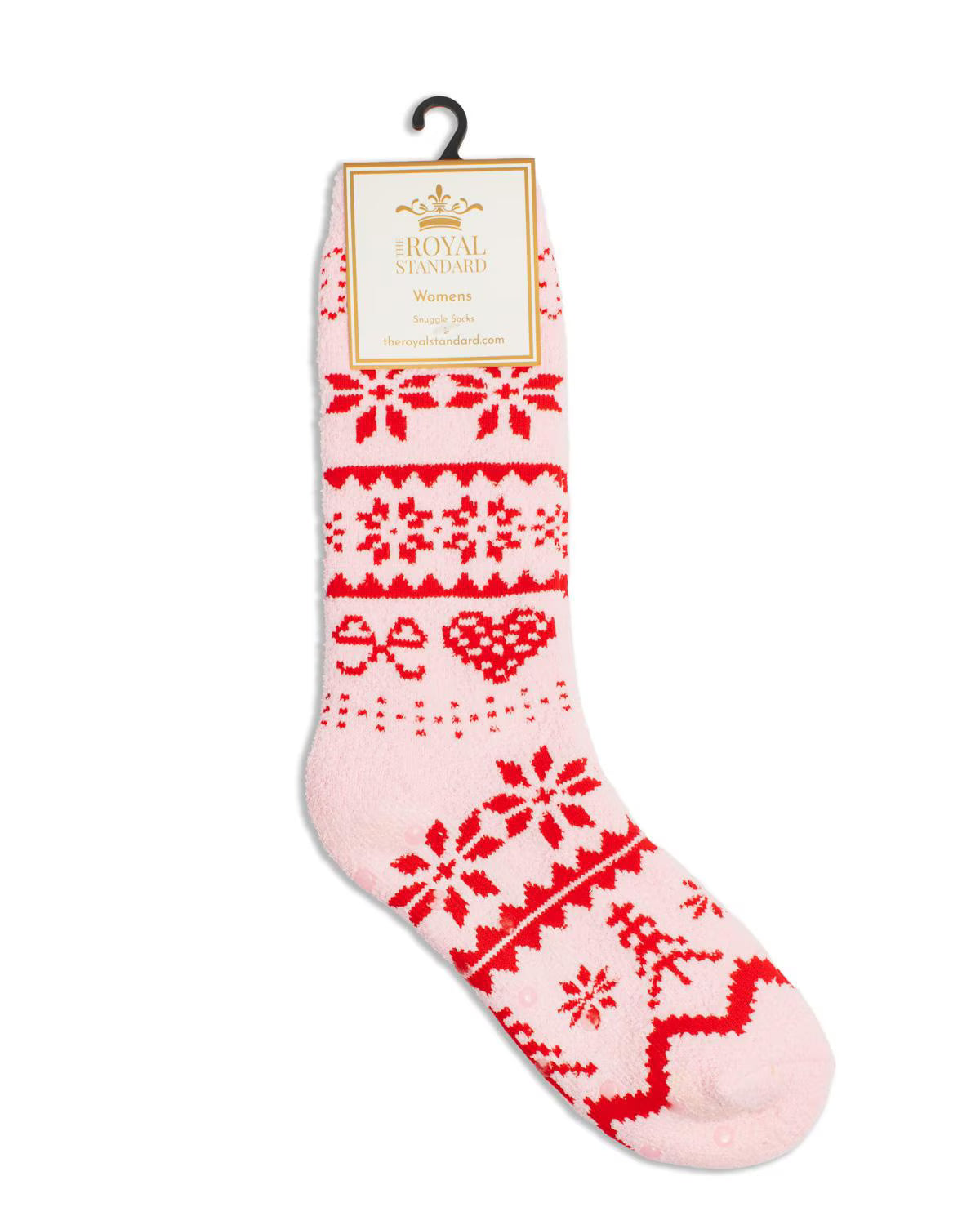 Pink sock with red patterns on a white background