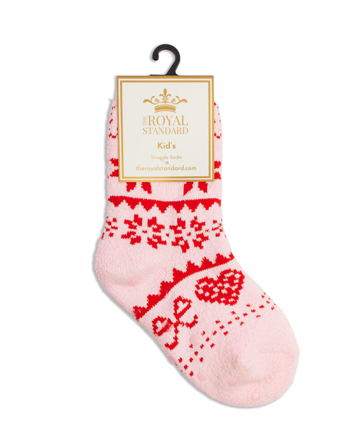 A single light pink knit sock with a red Fair Isle pattern, hanging from a black hanger with a cream paper label that reads Royal Standard Kid's Straight Forward.