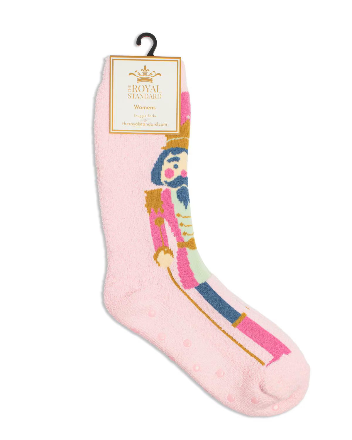 Pink sock with character design on a white background