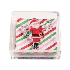 Square glass coaster with Santa Claus design on a candy cane striped background