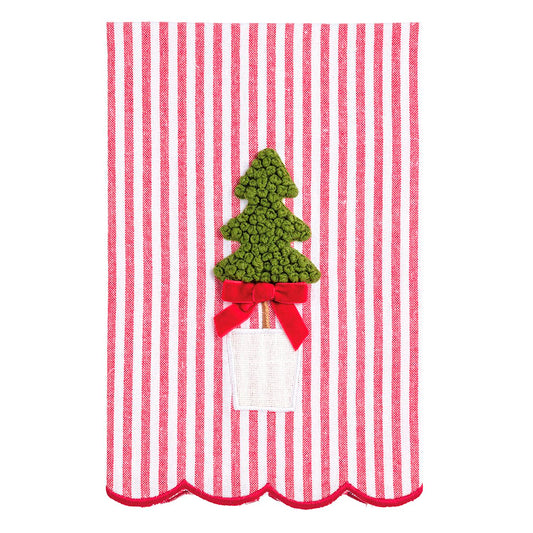 Red and white striped towel with a green Christmas tree and red bow design.