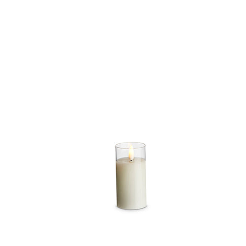 Fake flame white candle in clear glass jar, 2" x 4" in size. 