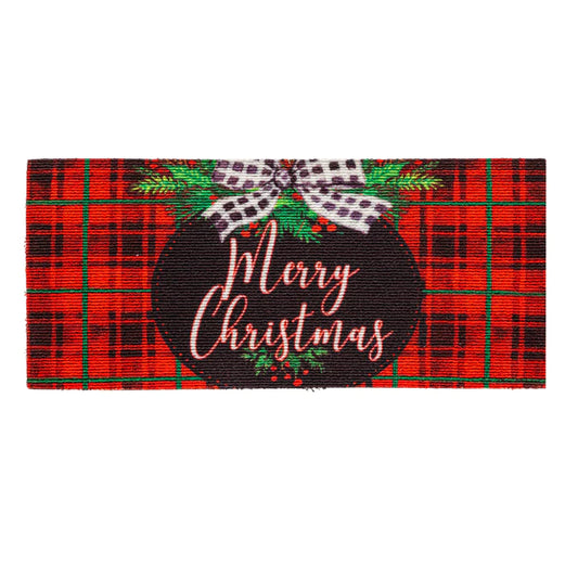 Textured Floor mat, red and green plaid with "Merry Christmas" ornament design on front.