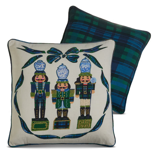 Black Watch pillow, with 3 Nutcrackers on the front and a plaid backside of navy and dark green. 