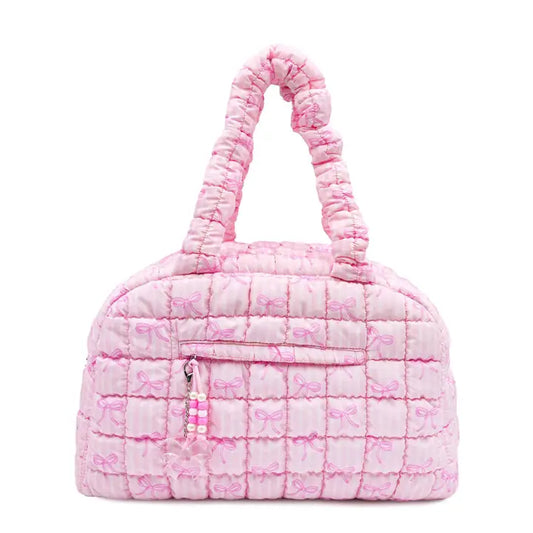 Quilted Scrunchies Pink Gingham Bow Printed Medium Duffle Bag