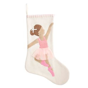 An off-white Christmas stocking featuring an applique design of a ballerina in a pink tutu and pink pointe shoes, with a pink and white striped trim at the top.