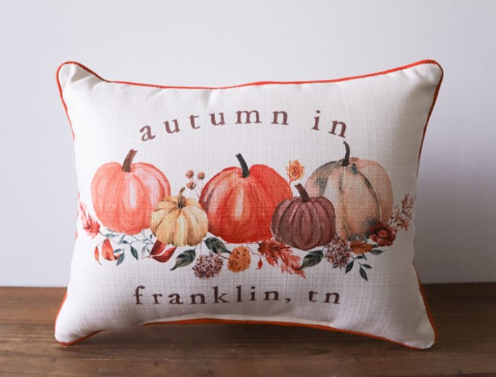 A cream pillow with assorted pumpkins in the center.