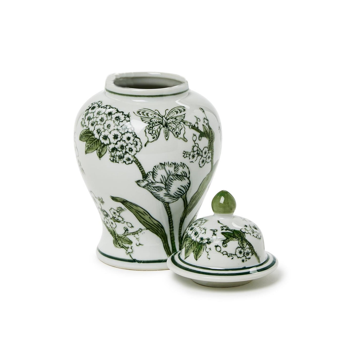 Green and White Chinoiserie Jar with Lid