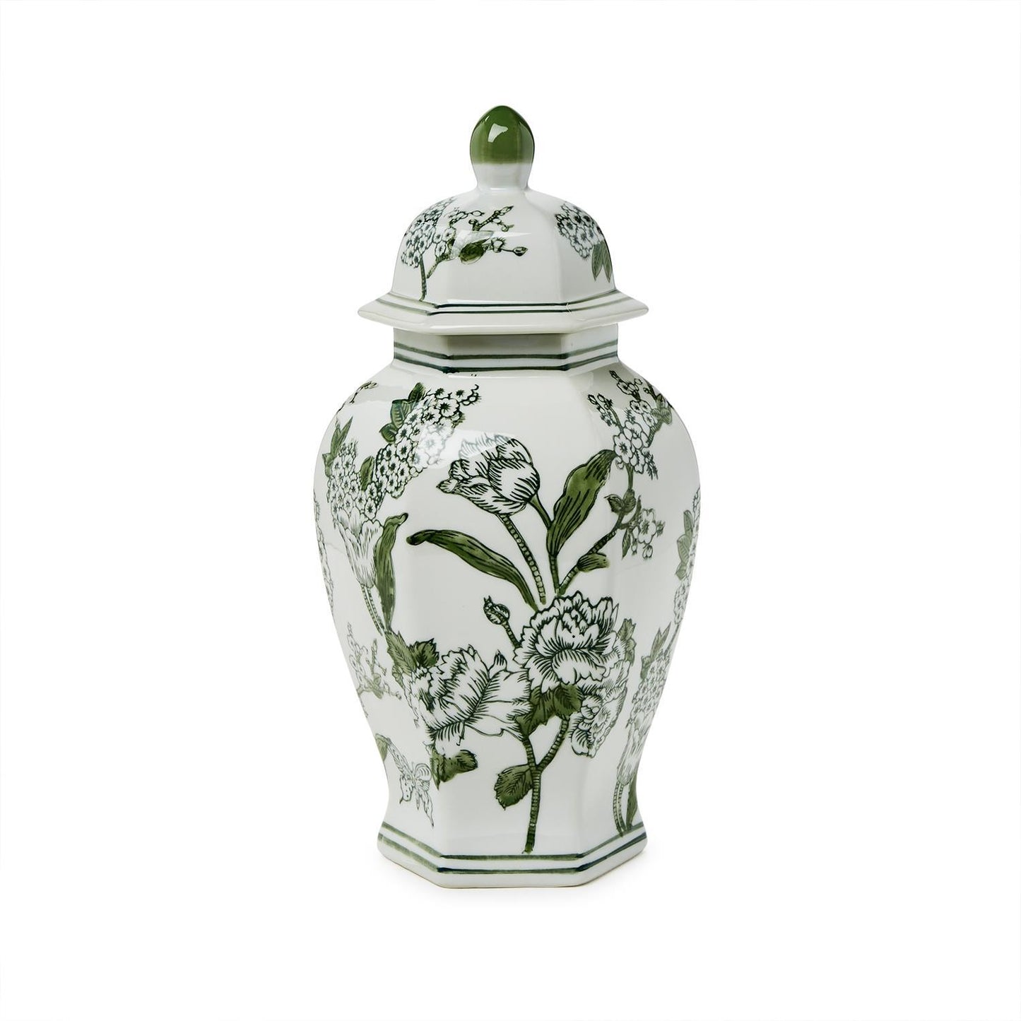 Green and White Chinoiserie Hexogonal Temple Jar with Lid