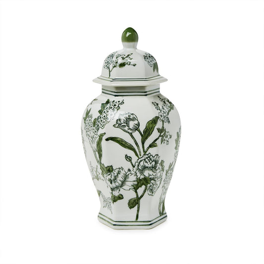 Green and White Chinoiserie Hexogonal Temple Jar with Lid