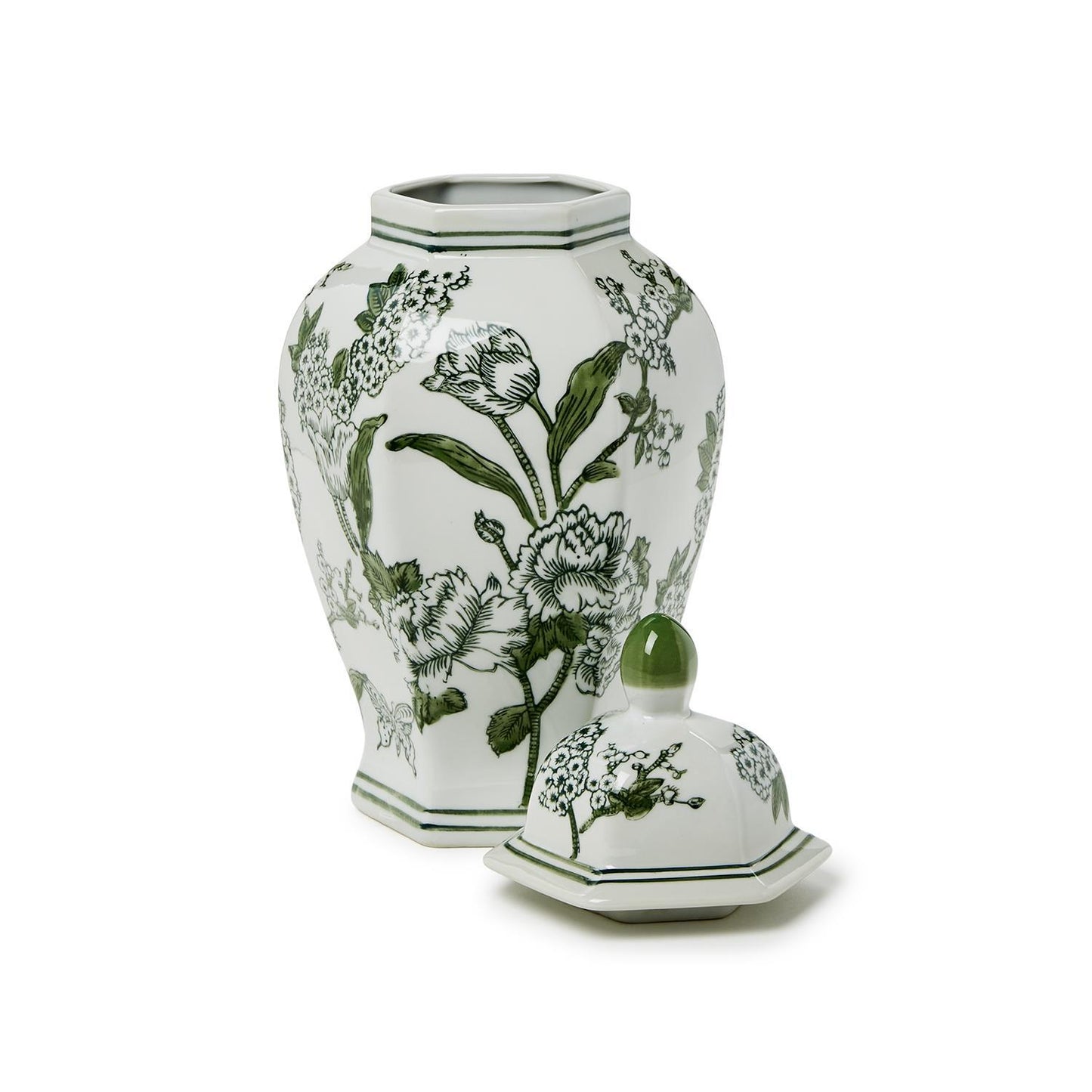 Green and White Chinoiserie Hexogonal Temple Jar with Lid