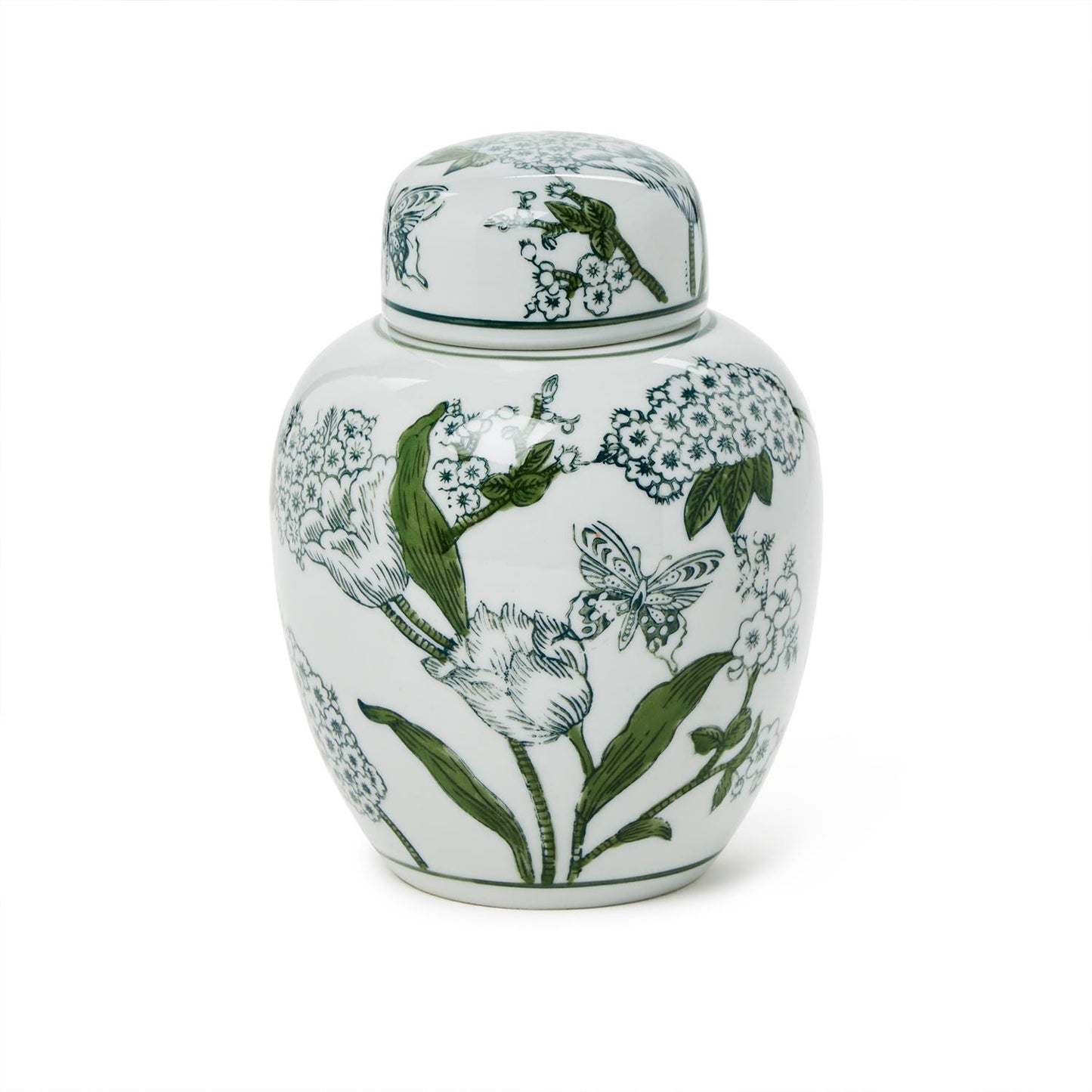 Green and White Chinoiserie Ginger Jar with Lid