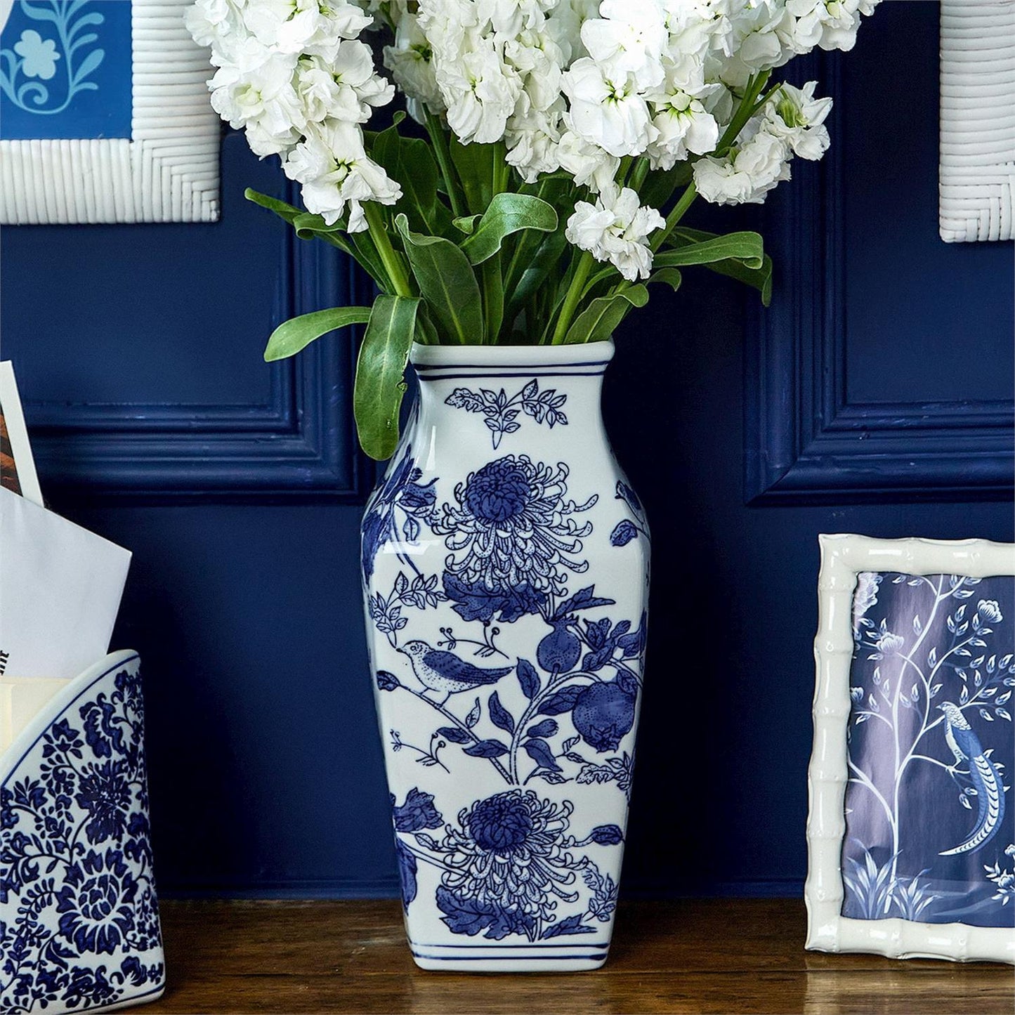 Square Chrysanthemum Hand-Painted Blue and White Chinoiserie Vase