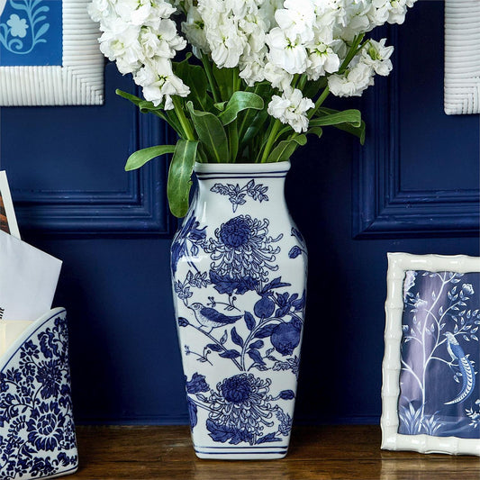 Square Chrysanthemum Hand-Painted Blue and White Chinoiserie Vase