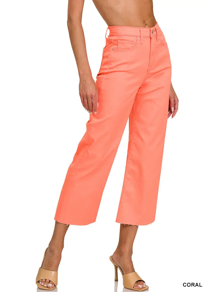 High Rise Flare Cropped Color Denim Pants