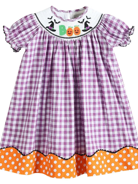 Purple Gingham Halloween Boo Smocked Bishop Dress