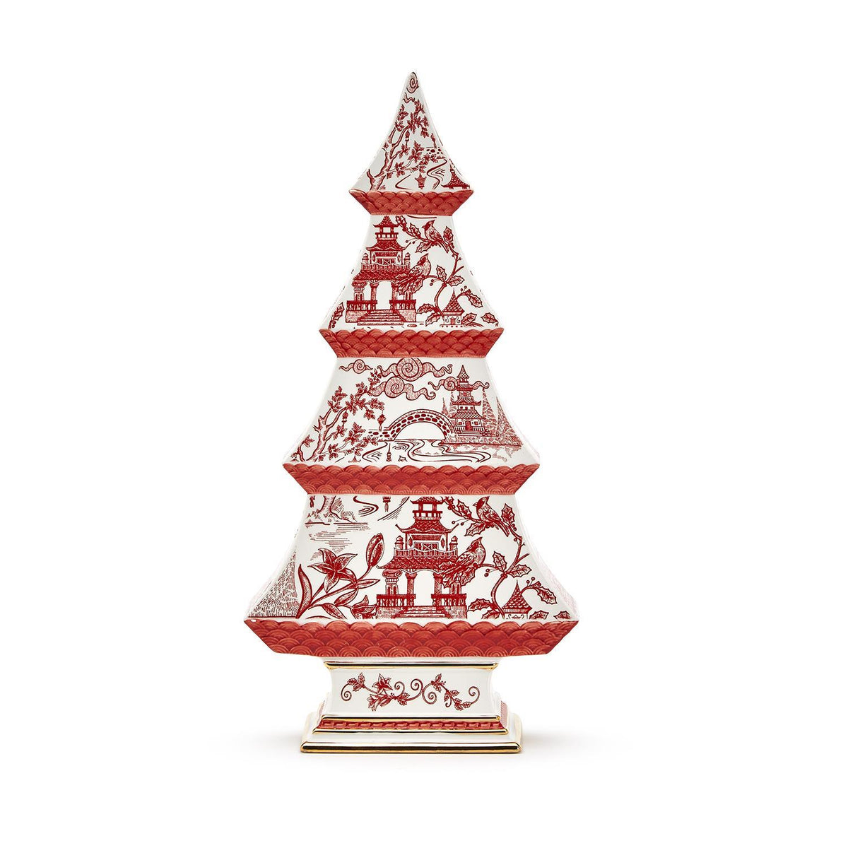 Decorative red and white ceramic Christmas tree on a white background