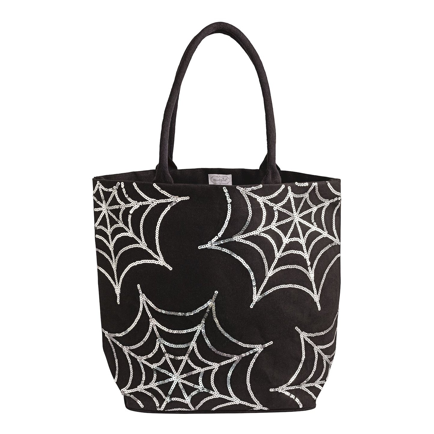 Black Tote Bag With Silver Sequin Spider Webs.