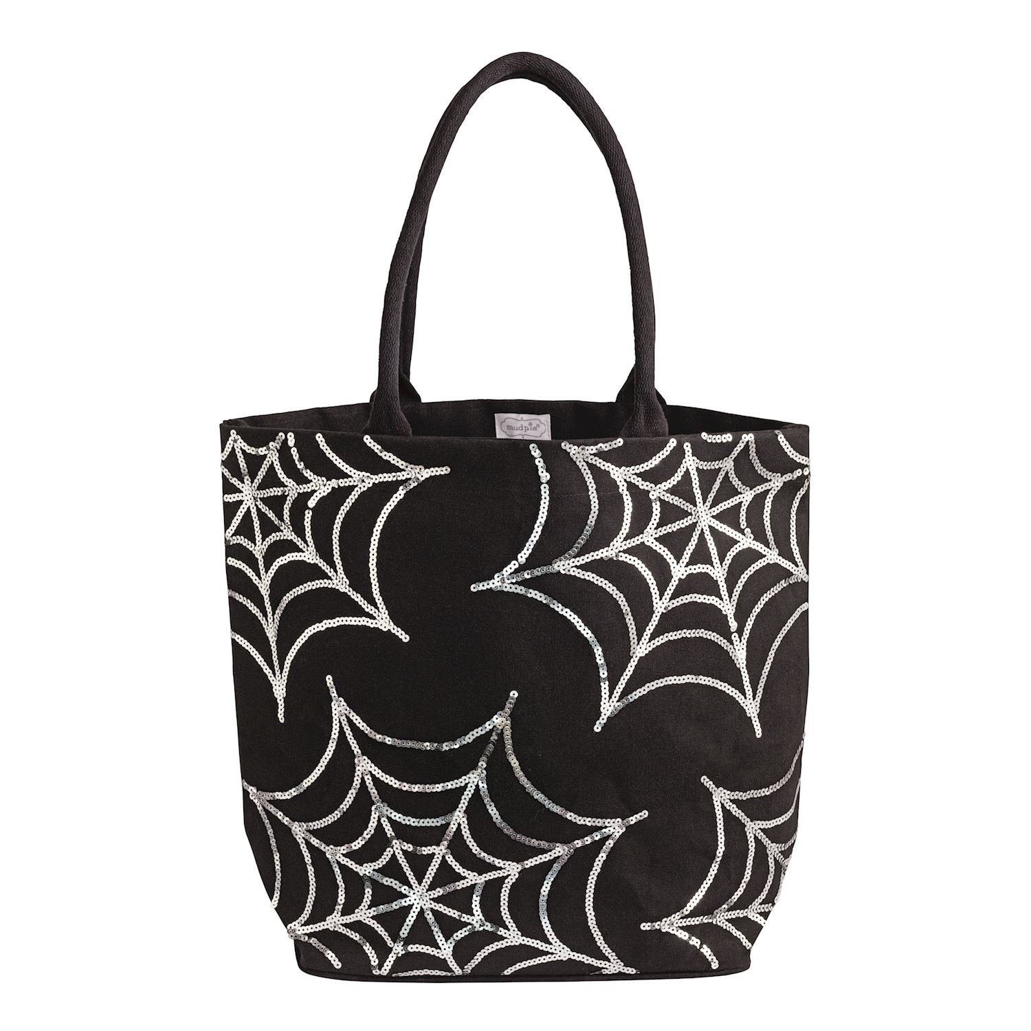 Black Tote Bag With Silver Sequin Spider Webs.