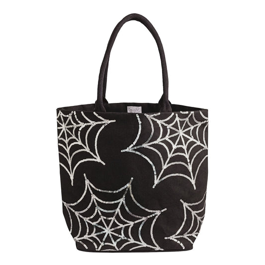Black Tote Bag With Silver Sequin Spider Webs.