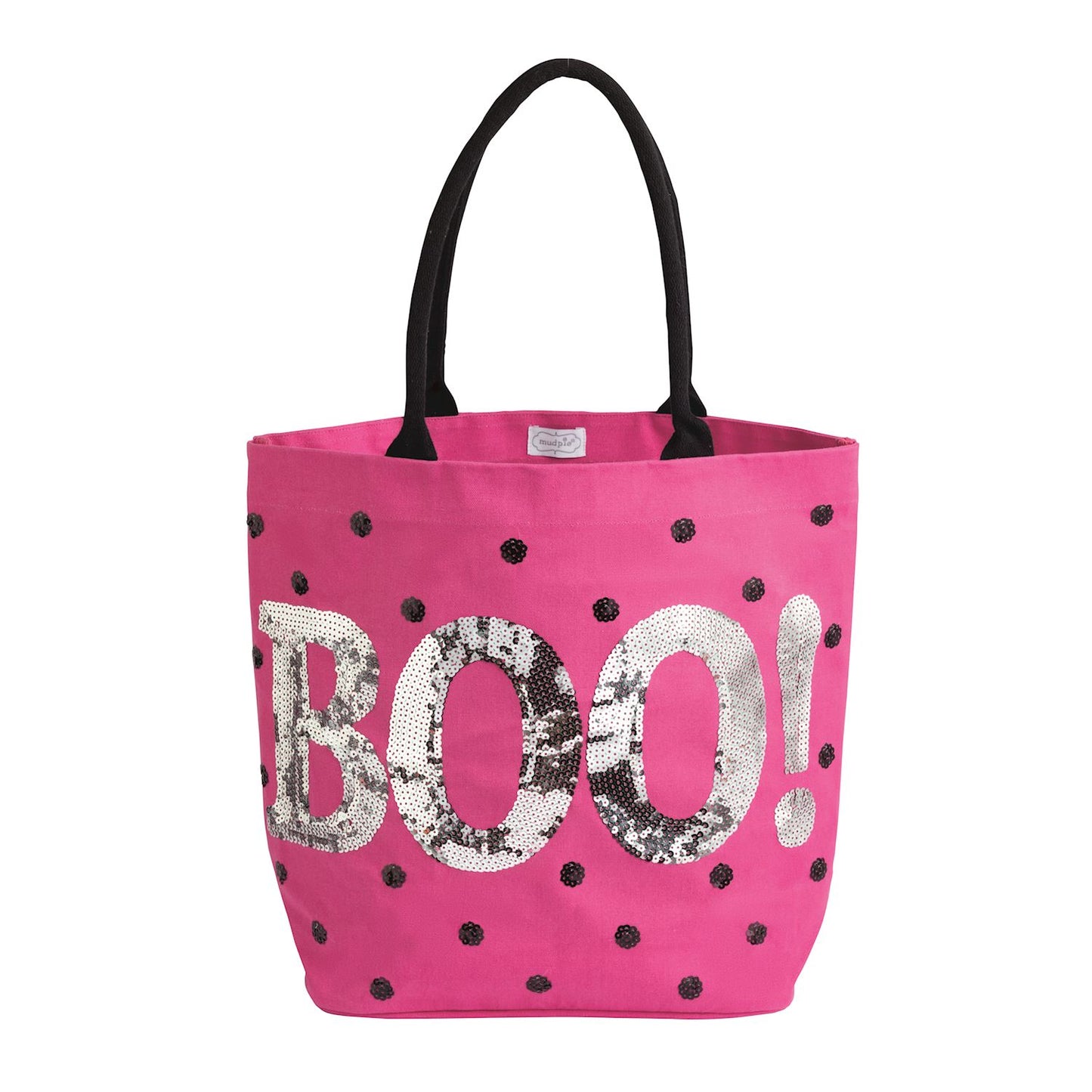 Pink tote bag with 'BOO!' sequin text and black polka dots on a white background