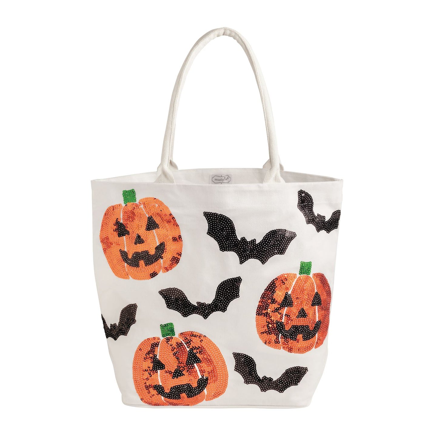 Halloween-themed tote bag with pumpkins and bats on a white background