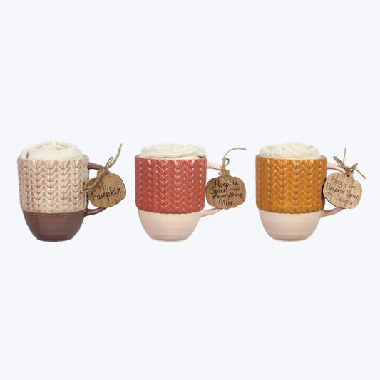 Ceramic Autumn Boho Cable Knit Textured Mug With Socks Gift Set