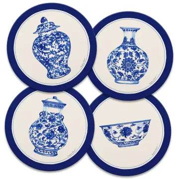 Set of four stone coaster set with blue vases on them. 