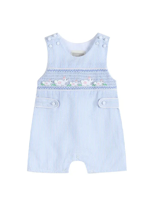 Blue Seersucker Bunnies Smocked Shortall