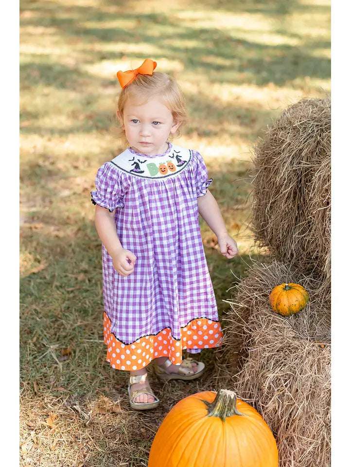 Purple Gingham Halloween Boo Smocked Bishop Dress