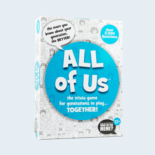 All of Us™ is the trivia game for generations to play… together! This game is meant to encourage you to have players from different generations on the same team–kids, parents, grandparents and friends all playing together.