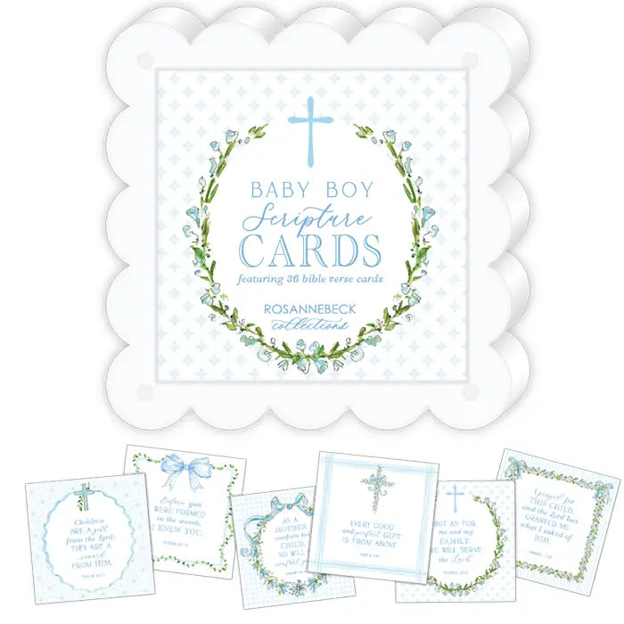 Baby boy scripture cards with floral designs and a cross on a white background