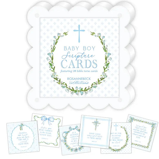 Baby boy scripture cards with floral designs and a cross on a white background